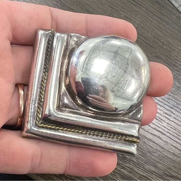 925 Sterling 2-Tone Vintage Mexico Modernist Large Hollow Pin Brooch / Pendant